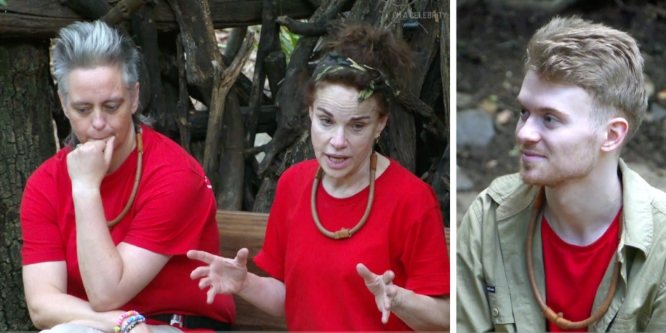 Split image of Geraldine, Sigrid, and Max on I'm a Celebrity Australia 2025, wearing red camp shirts and rope necklaces in a jungle setting. Geraldine looks thoughtful, Sigrid speaks expressively (left) and Max listens with a slight smile (right)