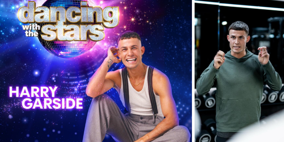 Dancing with the Stars Australia 2025 promo of Harry Garside: smiling in suspenders on the left, speaking in a gym on the right