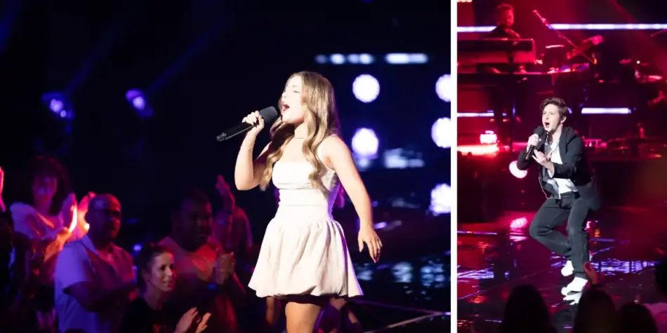 Split image of Hazel singing in a white dress (left) and Dinley performing energetically (right) on Australian Idol 2025