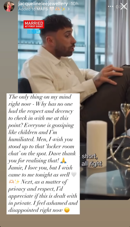 Jacqui shared her thoughts around the fellow MAFS 2025 cast members' reactions to Ryan's comments in an Instagram Story. 