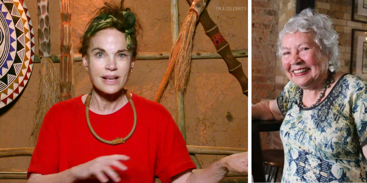 Side-by-side image: Sigrid Thornton on I'm a Celebrity Australia 2025 in a red T-shirt and camo headscarf against an African-themed backdrop (left). Her mum, Merle Thornton, smiling in a floral blouse and beaded necklace (right).