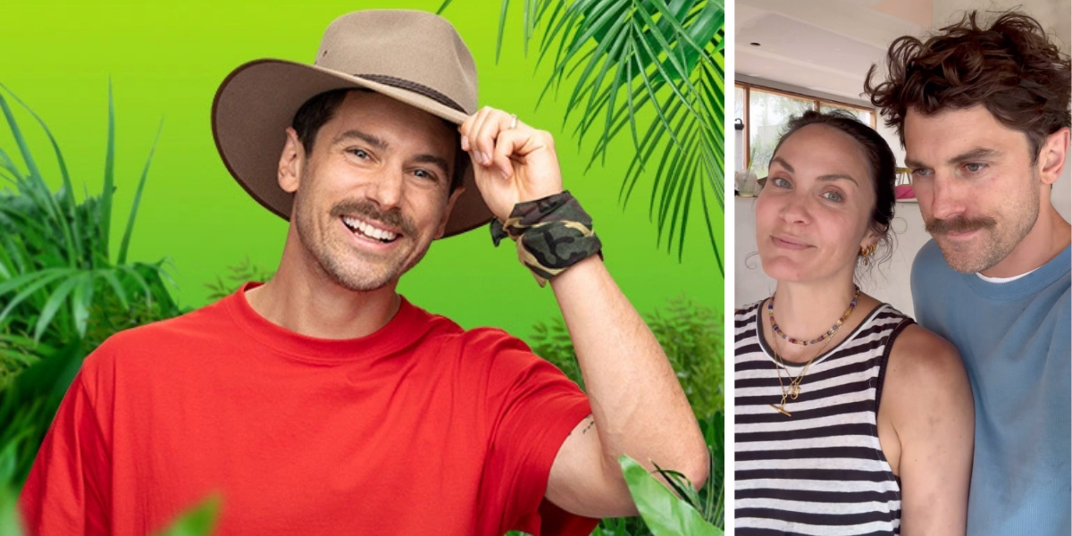 Side-by-side image: Matty J from I'm a Celebrity Australia 2025 wearing a red shirt and an Akubra hat, smiling against a green jungle-themed background (left) Matty J and wife. Laura Byrne at home, both casually dressed (right).