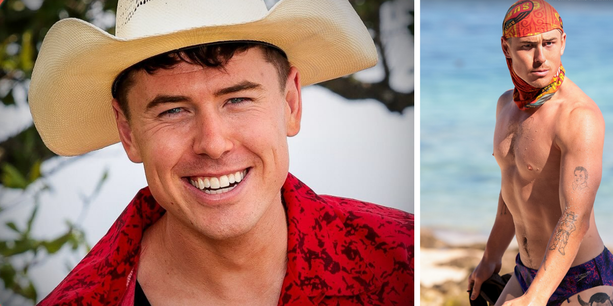 Max from Australian Survivor 2025, smiling in a cowboy hat on the left and appearing shirtless on the beach with a buff on the right