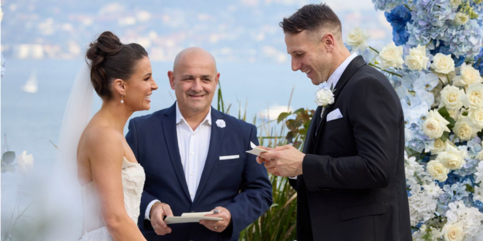 Rhi Disljenkovic and Jeff Gobbels exchange vows in a scenic outdoor wedding on Married at First Sight (MAFS) 2025