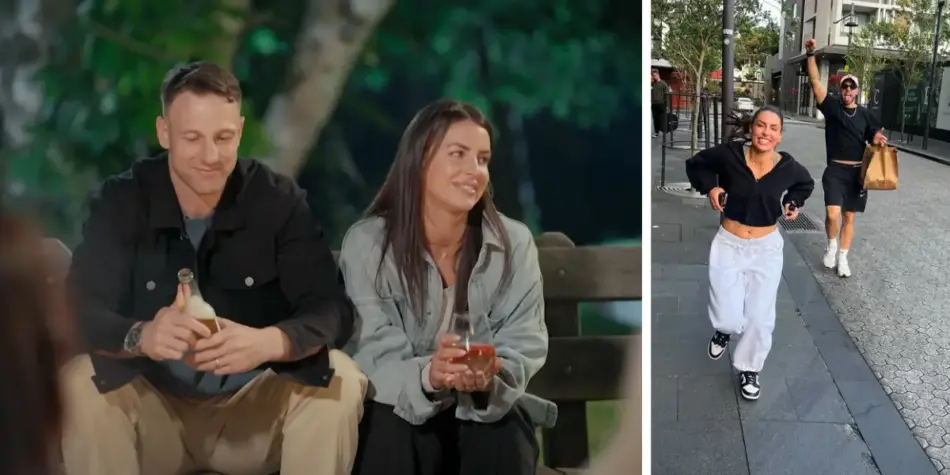 Split image of Rhi and Jeff on MAFS 2025: Chatting on a bench (left) and playfully running through the streets (right)