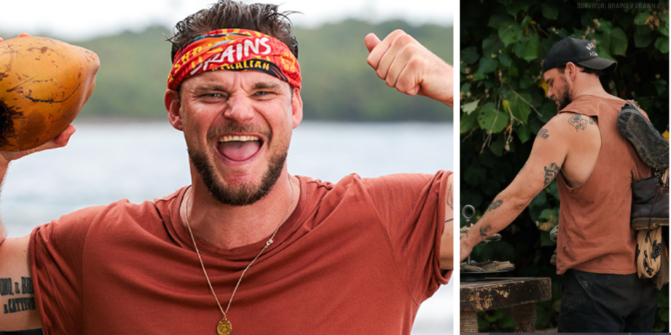 Split image of Rich Hughes from Australian Survivor: excited and flexing with a coconut (left) and seen from behind in a sleeveless shirt with tattoos visible (right