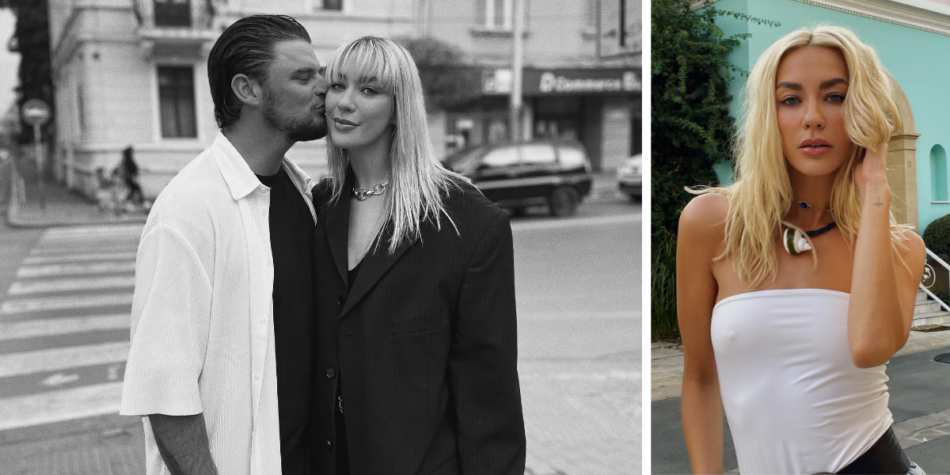 A black and white photo of Rich Hughes from Australian Survivor 2025 kissing his fiancée, Rhiannon Lee, on the cheek, alongside a color photo of Rhiannon posing outdoors in a white strapless top.