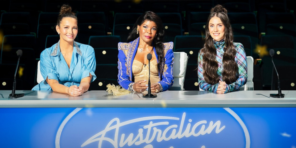 Ricki-Lee Coulter, Marcia Hines, and Amy Shark sit at the judges' panel on Australian Idol 2025