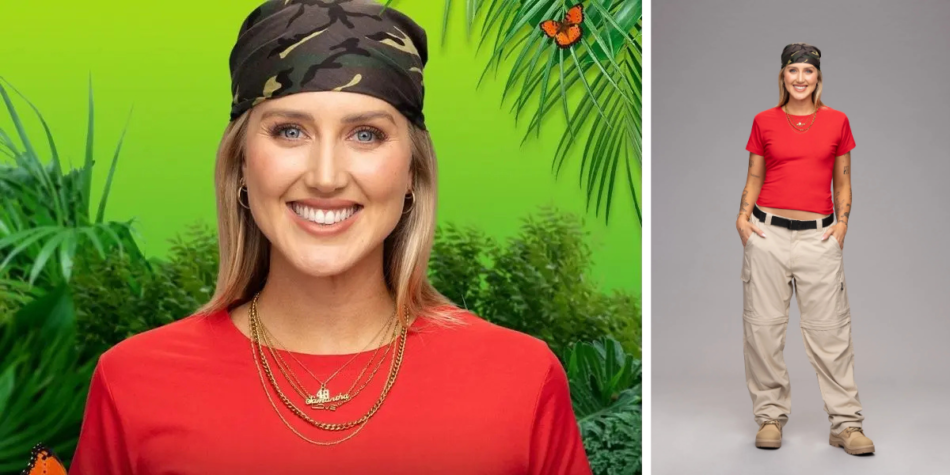 Side-by-side of Samantha Moitzi from I'm a Celebrity 2025: Wearing a red t-shirt and camouflage bandana, smiling against a jungle-themed background (left), and a full-length studio shot (right)