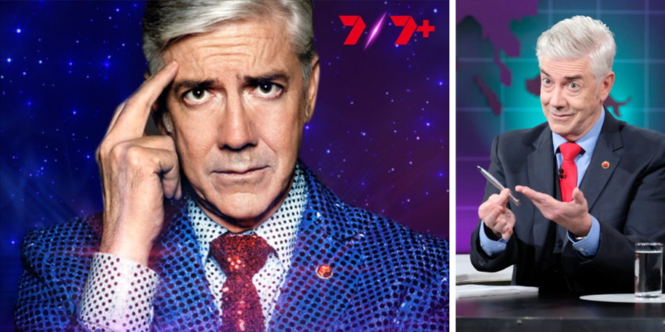 Dancing with the Stars Australia 2025 promo of Shaun Micallef: serious pose in a sparkling suit on the left, gesturing in a TV studio on the right.