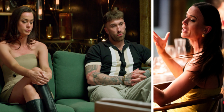 Split image from MAFS 2025: Sierah Swepstone and Billy Belcher appear tense on the couch (left) and Sierah is gestures emotionally during a conversation (right)