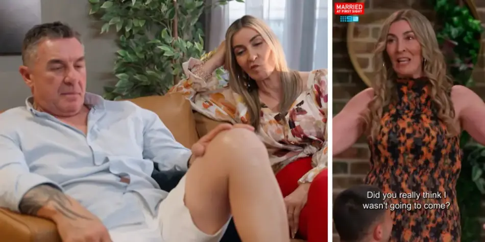 Split image from MAFS 2025: Tony looking indifferent while Morena appears frustrated on a couch (left) and Morena confronting the group (right)