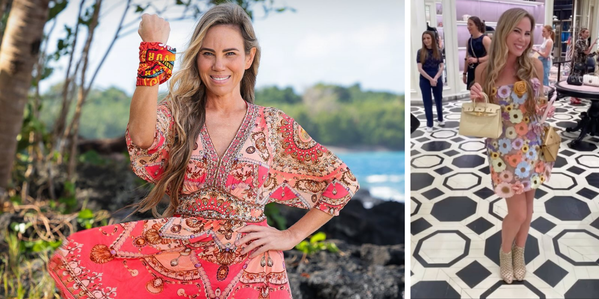 A split image of Zara Callianiotis from Australian Survivor 2025 in a bohemian dress by the beach and a floral mini dress at a boutique