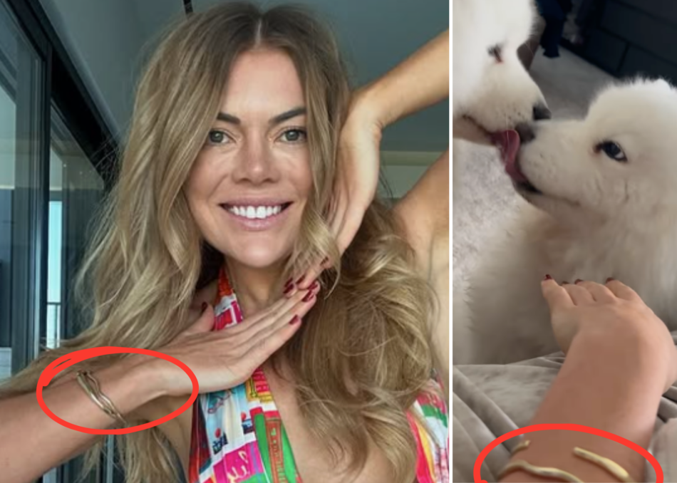 Jacqui Burfoot smiles for a selfie with gold bracelets, and Clint Rice's dogs featured with an arm showing gold bracelets. 