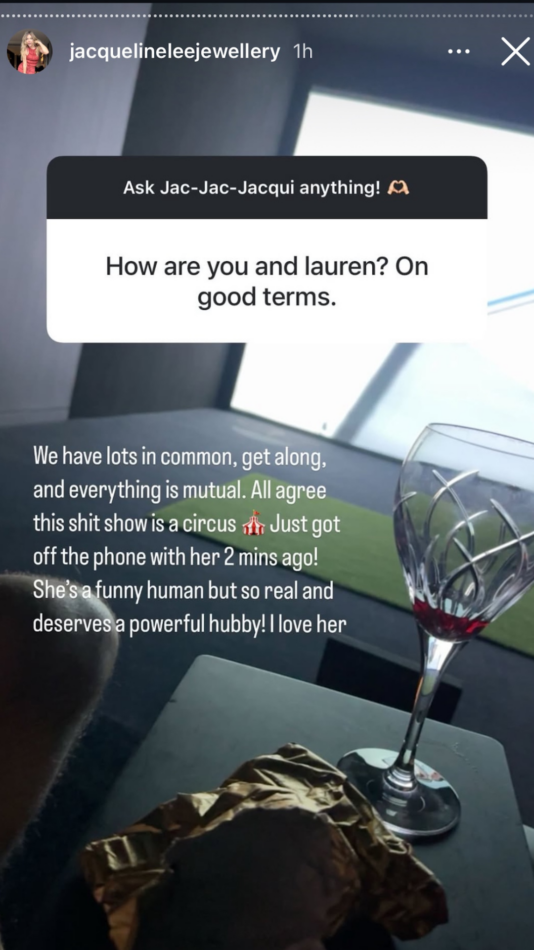 Jacqui Burfoot's Instagram story confirming she's still in touch with Lauren Hall 