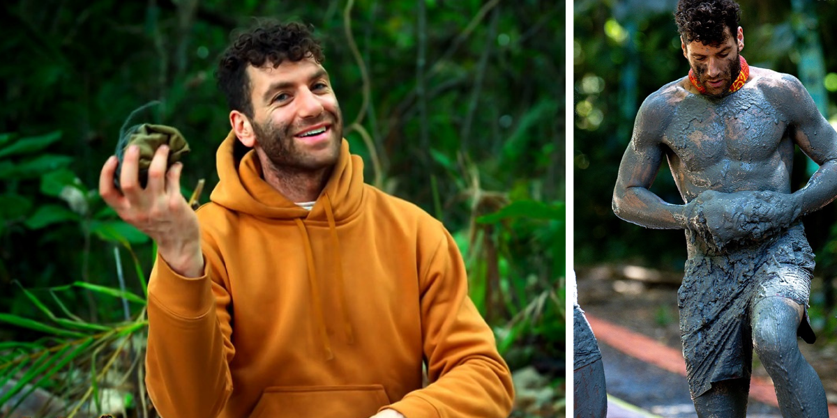 Split image of AJ from Australian Survivor 2025: Smiling in a mustard hoodie (left) and covered in mud during a challenge (right)