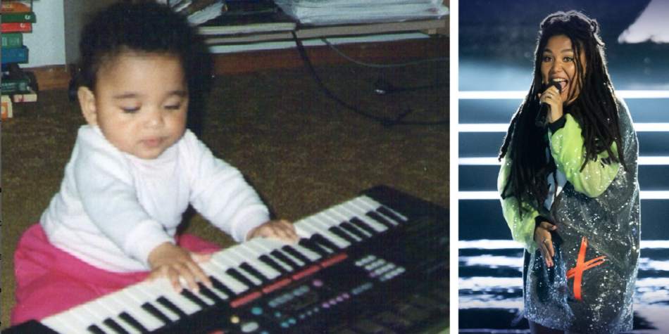 Split image of MzUki from Australian Idol 2025: As a baby playing a keyboard (left) and Australian Idol 2025 contestant performing on stage (right)