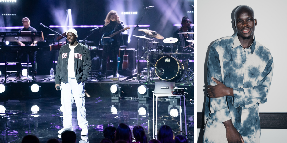 Bony Onyango from Australian Idol 2025: Performing on stage (left), wearing a white cap and black jacket; posing in a blue tie-dye outfit, smiling (right)