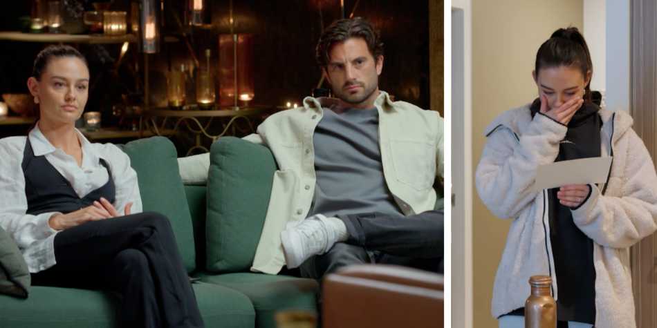 Split image from MAFS 2025: Veronica and Eliot sit tensely (left) and Veronica reacts emotionally to a letter (right)