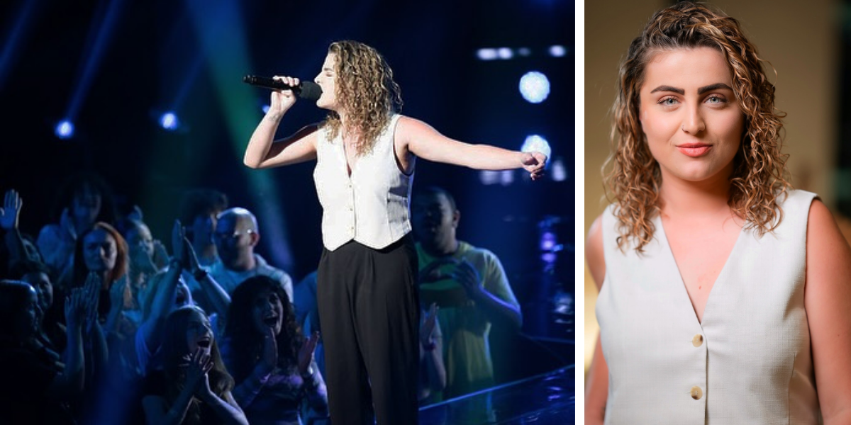 Split image of Australian Idol 2025’s Emma Jones performing on stage (left) and posing confidently (right)