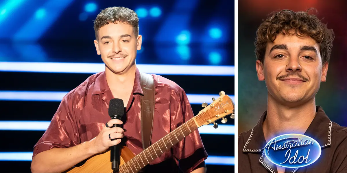 Split image of Australian Idol 2025 contestant Jaymon Bob performing on stage (left) and in a promotional portrait (right)