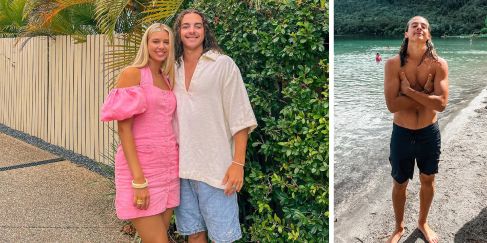 Split image of Australian Idol 2025's Jaymon Bob with long hair: Posing with his girlfriend (left)  standing shirtless by the water (right)