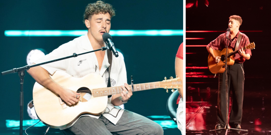 Split image of Australian Idol 2025 contestant Jaymon Bob performing on stage with his guitar