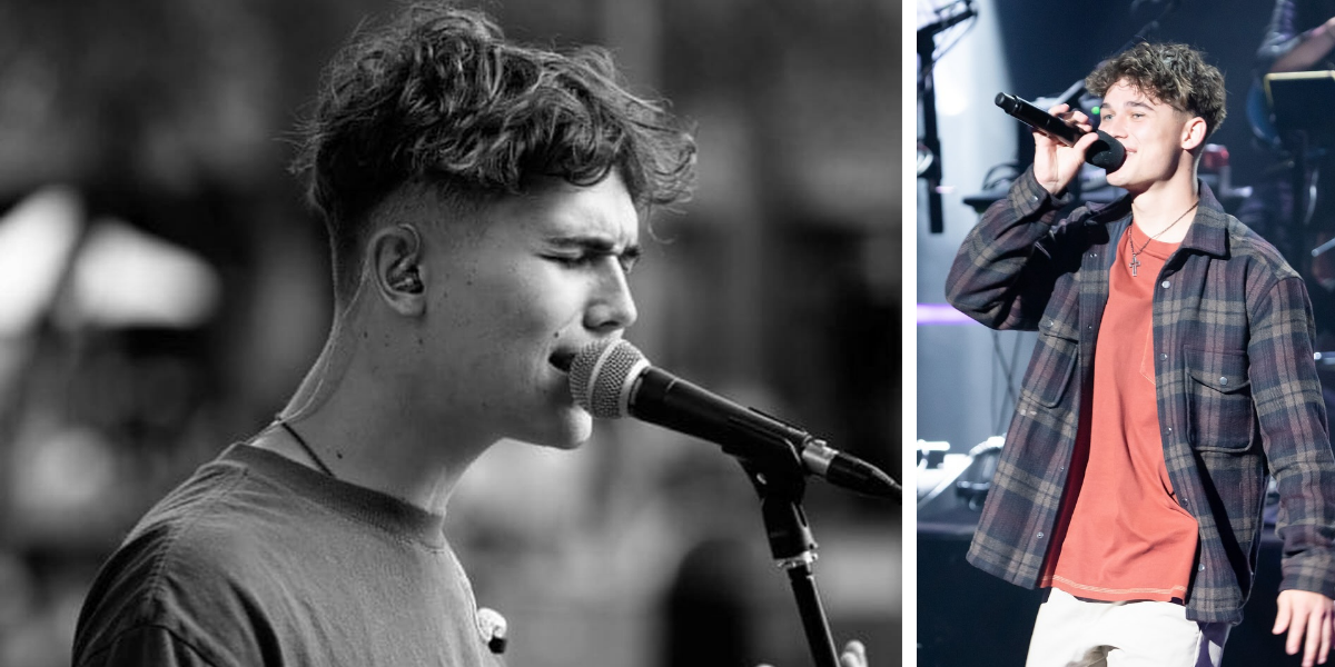 Split image of John Van Beek from Australian Idol 2025: A black-and-white close-up (left), during a live performance (right)