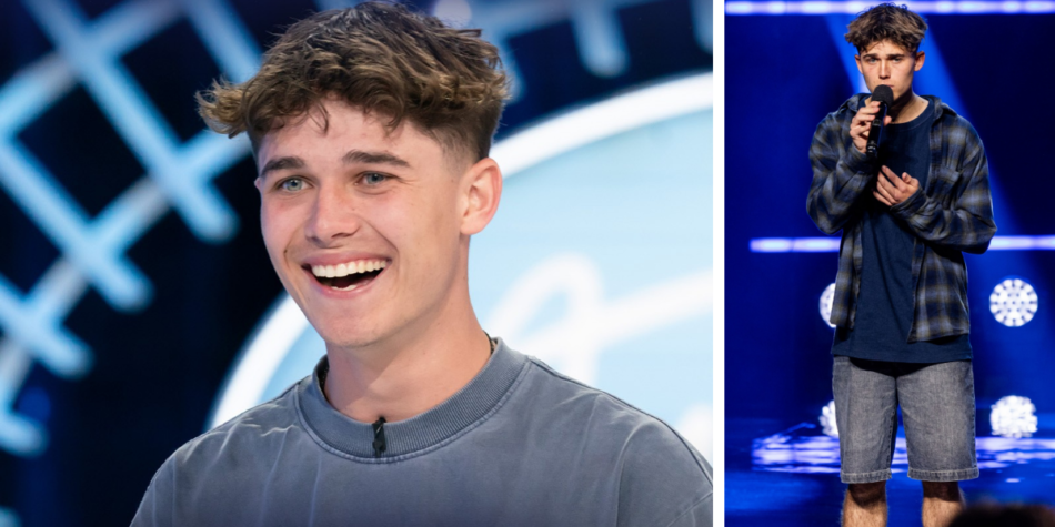 John Van Beek on Australian Idol 2025: Smiling during his audition (left), performing on stage (right)