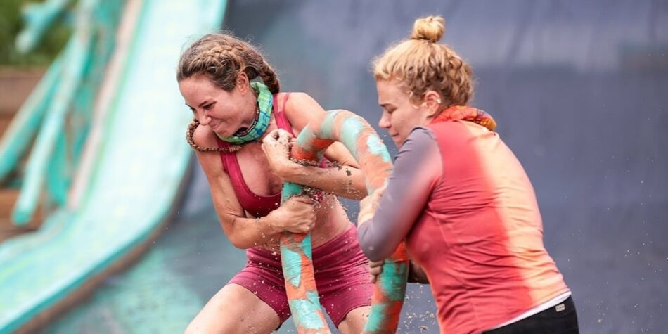 Laura and Zara battling in an Australian Survivor challenge. 