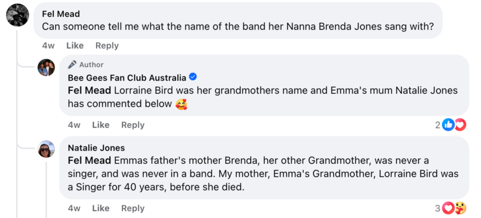 Facebook comment where Natalie Jones clarifies that Lorraine Bird was a singer