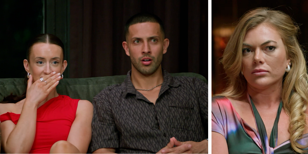 Split image from MAFS 2025: Beth and Teejay looking shocked on a couch (left) and Jacqui appearing serious and tense (right)