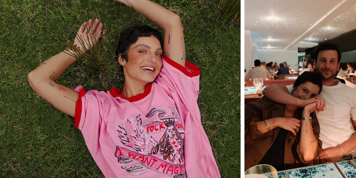 Split image featuring MAFS star Domenica Calarco smiling on the grass in a pink graphic T-shirt (left) and cuddling with her boyfriend Jarod Bogunovich at a restaurant (right)