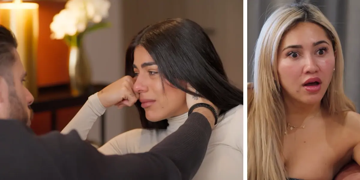 Split image from MAFS Australia 2025: Carina crying as Paul comforts her (left) and Awhina looking shocked (right)