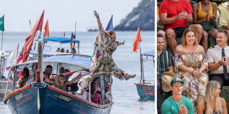 Split image of Payton Ellicott on Million Dollar Island: Leaping off a boat (left) and sitting among fellow contestants in a matching off-shoulder outfit (right)