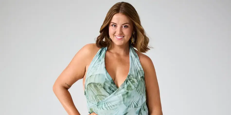 Promotional image of Payton from Love Triangle Season 3 (2025), wearing a stylish green halter-neck dress with a tropical print, smiling warmly against a neutral backdrop