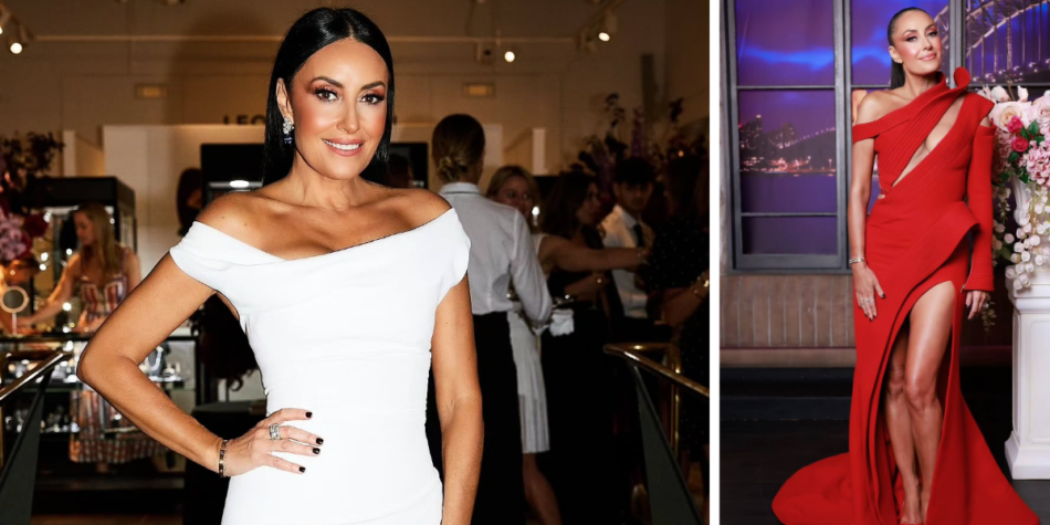 Terry Biviano from Real Housewives of Sydney in a white off-shoulder gown at an event (left) and in a bold red asymmetrical dress with a high slit (right)